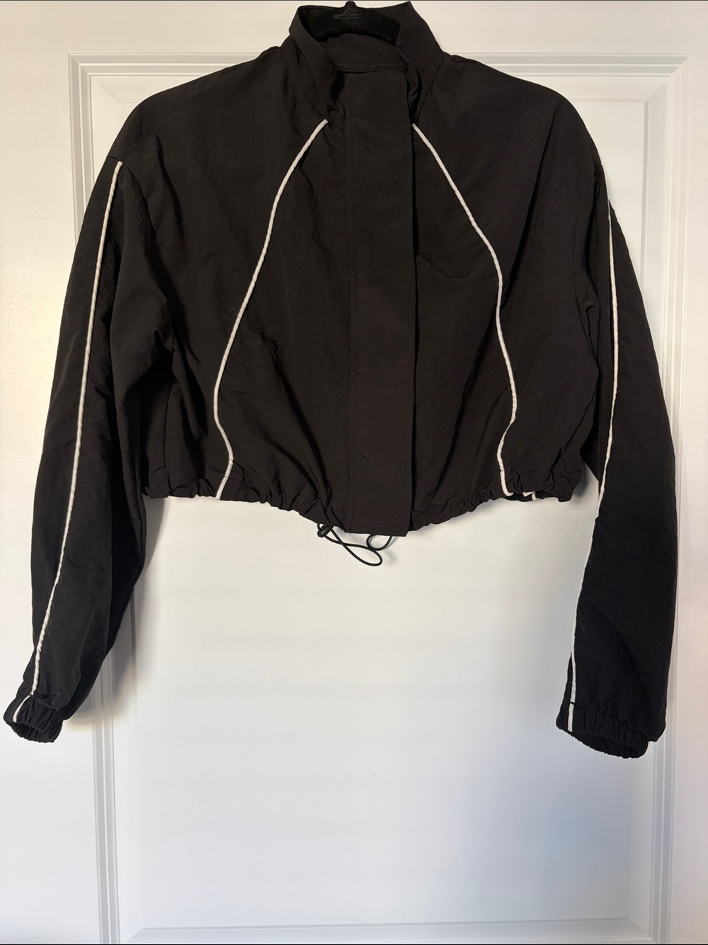 Women's Black Cropped Windbreaker Jacket with White Piping Festival Rave Small